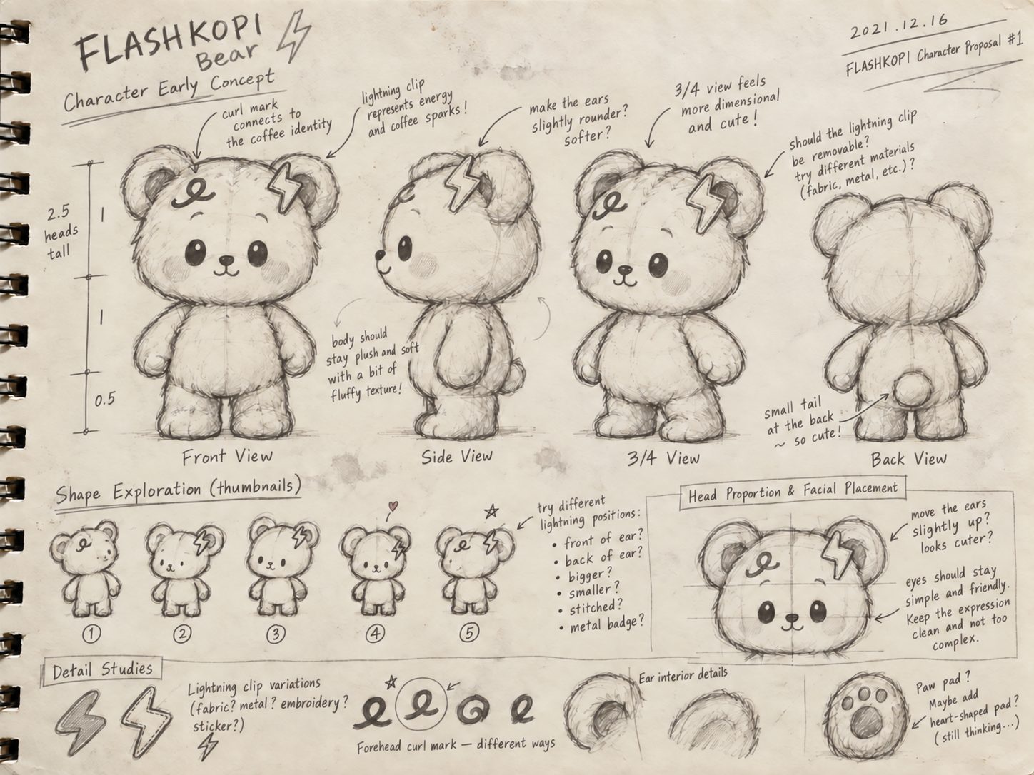 FLASHKOPI Bear Character Early Concept — pencil sketches and design notes